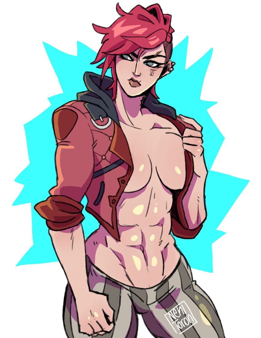 1girls arcane arcane_vi blue_eyes breasts female league_of_legends muscles muscular muscular_female navel nekitoototo pink_hair scar solo toned toned_female vi