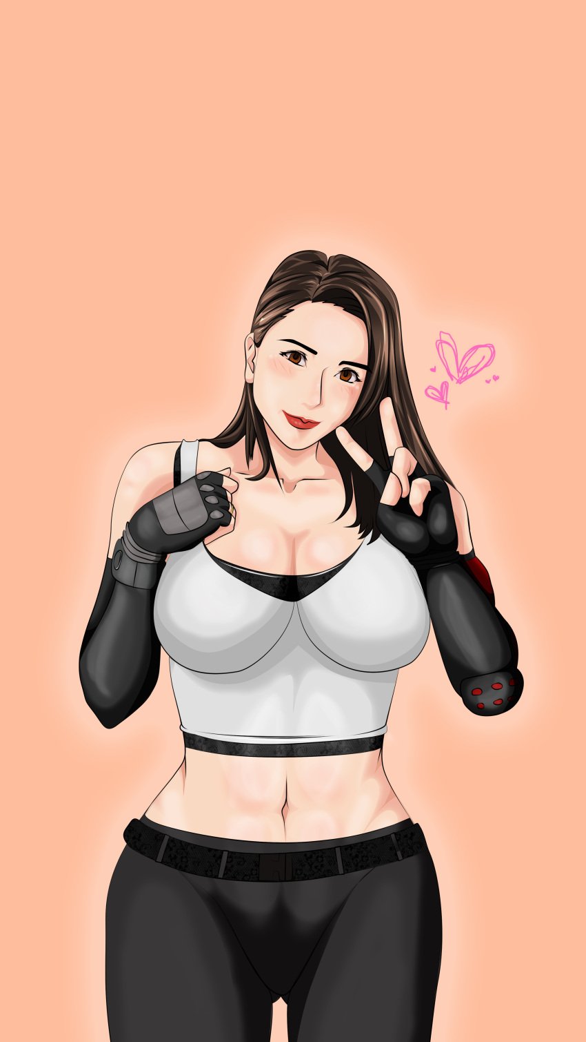 anri_okita breasts brown_eyes brown_hair female female_only final_fantasy final_fantasy_vii fully_clothed heart lipstick peace_sign smile supernova_(artist) tifa_lockhart