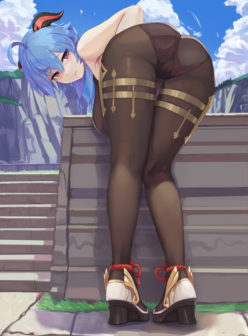 ass bent_over breasts dolri female from_behind ganyu_(genshin_impact) genshin_impact hanging_breasts hi_res high_heels horn large_breasts legs leotard looking_at_viewer pantyhose thighs