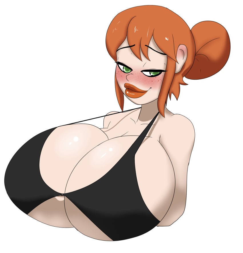 big_breasts big_lips black_bra bursting_breasts cleavage dumbing_of_age hair_bun huge_breasts n-ronin penny_worthington thick_lips