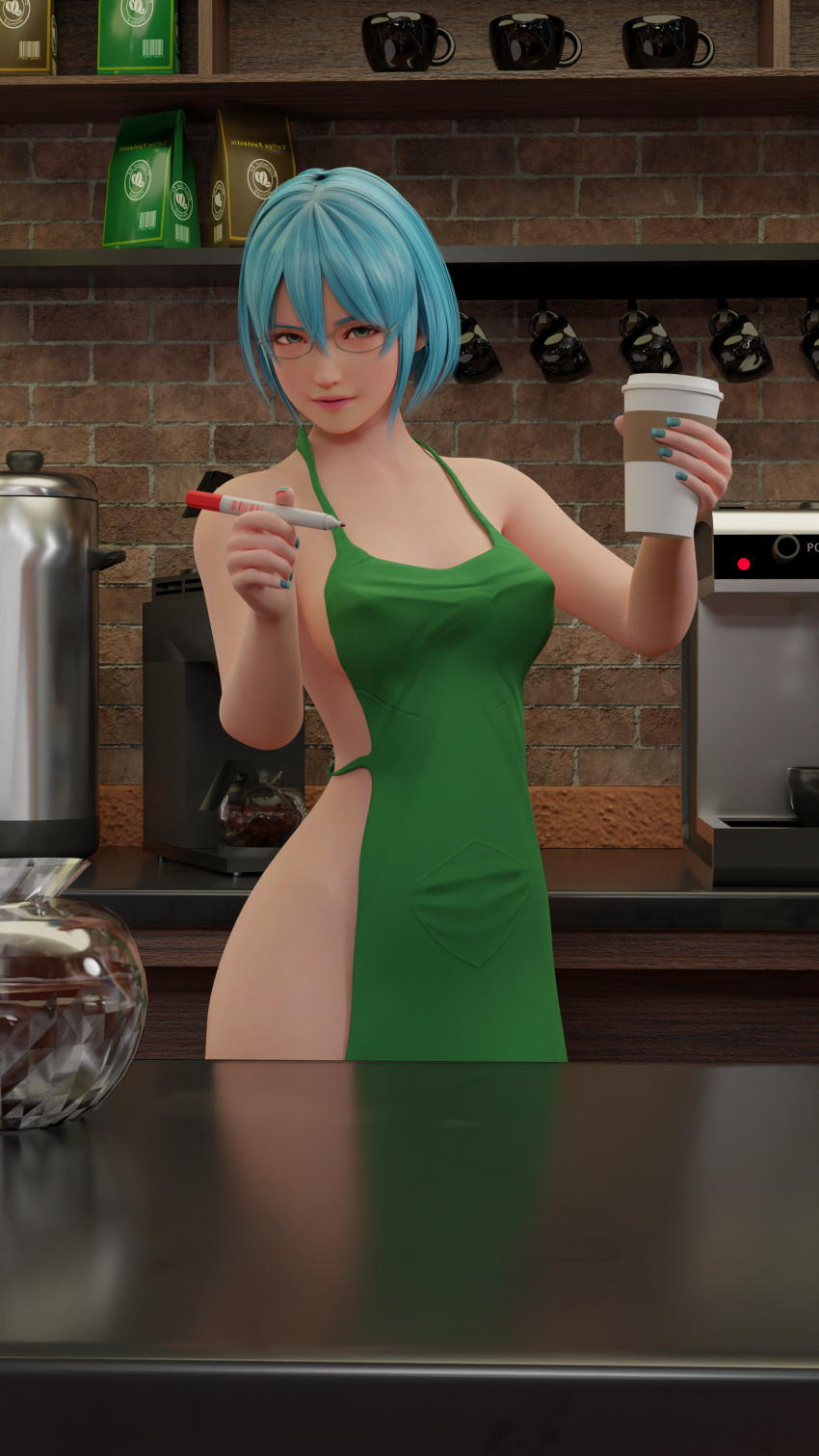 3d apron asian blue_eyes blue_hair cafe cafeteria dead_or_alive fringe glasses highres khaidow_a_roy khaidown kitchen looking_at_viewer nico_(doa) petite seductive_eyes short_hair starbucks tagme