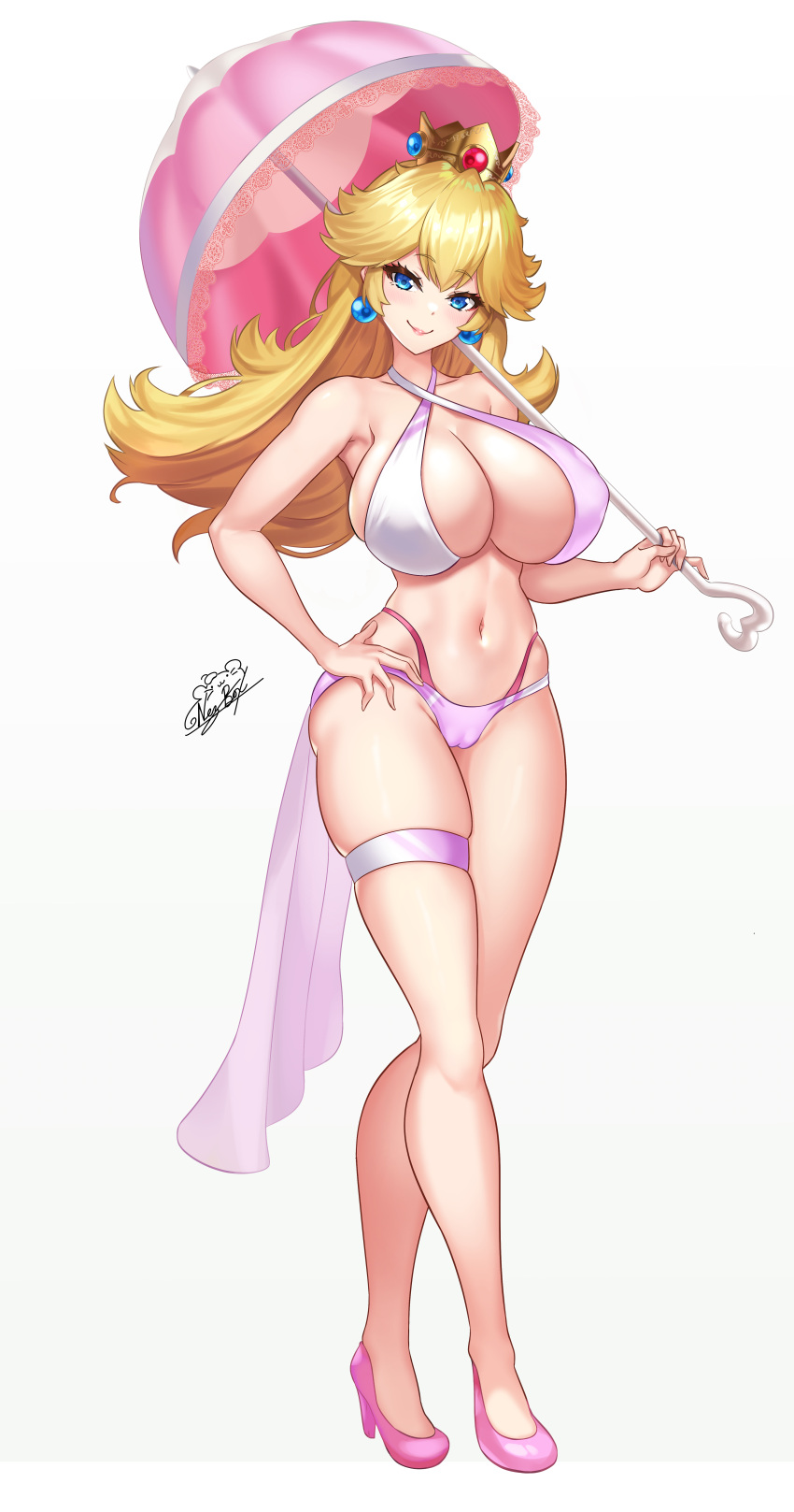 1girls alternate_breast_size big_breasts bikini breasts cleavage crown earrings female female_only full_body heels highres huge_breasts jewelry large_breasts long_hair looking_at_viewer mario_(series) nez-box nintendo parasol princess_peach simple_background skindentation smile solo standing swimsuit swimwear tagme thigh_strap thighs white_background white_bikini