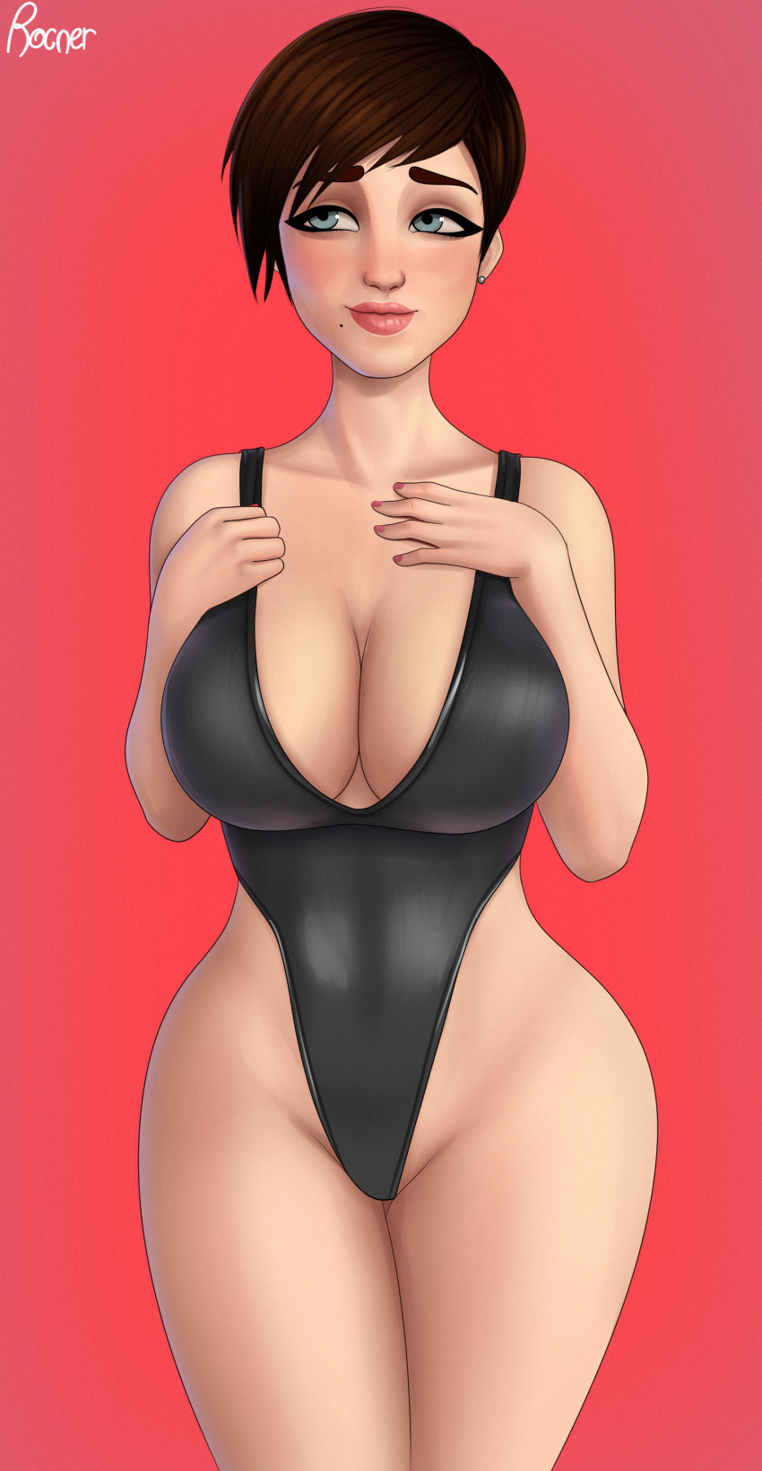 1girls beauty_mark big_breasts blue_eyes brown_hair cleavage dreamworks female female_focus female_only hourglass_figure light-skinned_female light_skin looking_away mature_female megamind mole_under_mouth paramount_pictures rocner roxanne_ritchi short_hair swimsuit thick_thighs wide_hips