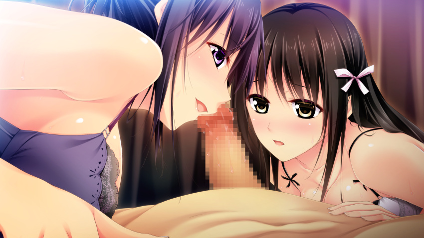 1boy 2girls :d amaya_tomoko bangs bra breasts brown_hair censored cleavage collarbone eyebrows_visible_through_hair game_cg hair_between_eyes hair_ribbon highres long_hair medium_breasts mosaic_censoring multiple_girls official_art open_mouth ore_no_ue_de_agaku_rokunin_no_togime penis purple_bra purple_eyes purple_hair ribbon shiny shiny_hair short_hair smile straight_hair suou_risa teeta_j underwear white_bra white_ribbon yellow_eyes