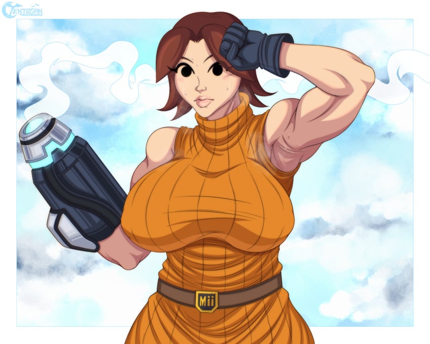 1girls armpits big_breasts breasts busty female female_only mii mii_gunner mii_gunner_(smash_4) mob_face muscles muscular muscular_arms muscular_female nintendo solo super_smash_bros. super_smash_bros._for_nintendo_3ds_and_wii_u sweaty sweaty_armpits tenjosan turtleneck wiping_forehead wiping_sweat