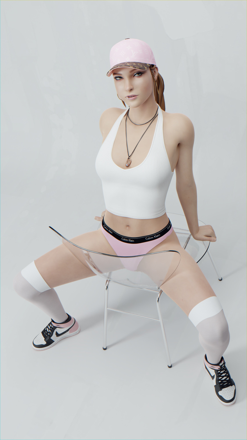 1girls 3d baseball_cap blonde_hair calvin_klein chair female female_only hoop_earrings life_is_strange necklace nike panties ponytail quilsfm rachel_amber sitting sneakers solo stool_position thighhighs