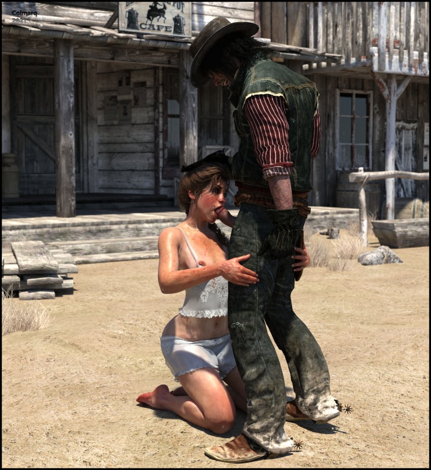 1boy 1girls 3d clothed clothed_male_nude_female clothing colmarq fellatio female gun gunbelt holster john_marston lingerie mary-beth_gaskill oral outdoor outdoor_nudity outdoor_sex outdoors outside rape red_dead_redemption_(series) red_dead_redemption_2 slushe_(website) small_breasts spurs underwear