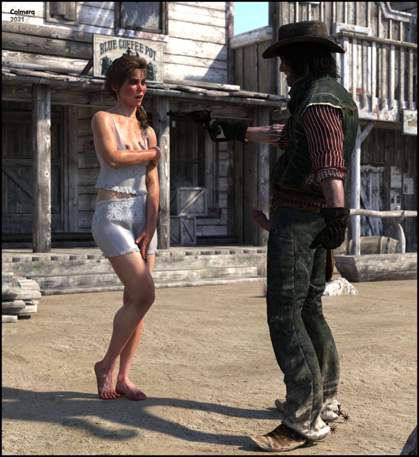 1boy 1girls 3d at_gunpoint clothed clothed_male_nude_female clothing colmarq embarrassed embarrassed_nude_female female gun gunbelt gunpoint holster humiliation john_marston lingerie mary-beth_gaskill outdoor outdoor_nudity outdoor_sex outdoors outside rape red_dead_redemption_(series) red_dead_redemption_2 revolver slushe_(website) small_breasts spurs undressing