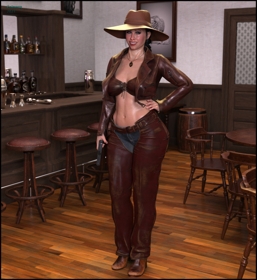 1girls 3d belt clothed clothing colmarq cowgirl female female_only firearm footwear gianna_michaels gun handgun headwear human large_breasts legwear looking_at_viewer neckwear outerwear pale_skin pinup real_person slushe_(website) smile weapon western wide_hips