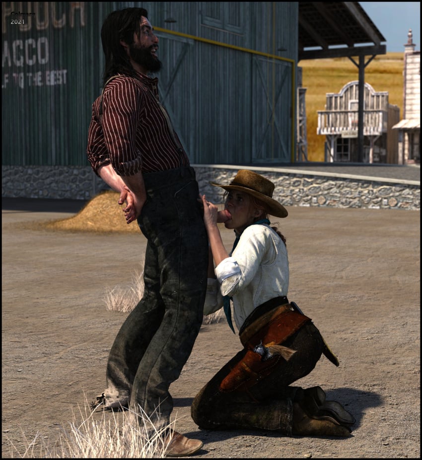 1boy 1girls 3d clothed clothed_sex clothing colmarq fellatio john_marston oral outdoor outdoor_nudity outdoor_sex outdoors outside red_dead_redemption_(series) red_dead_redemption_2 sadie_adler slushe_(website)