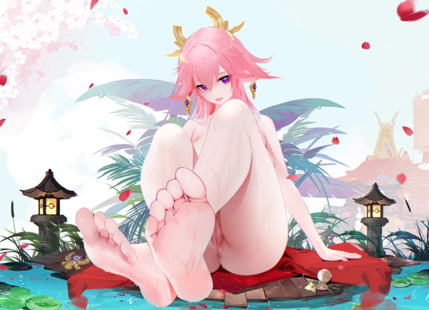 animal_ears anus ass bangs barefoot blush breasts feet female foot_fetish foot_focus fox_ears genshin_impact hair_ornament large_breasts legs lipstick long_hair looking_at_viewer nude omone_hokoma_agm pink_hair pov_feet purple_eyes pussy sidelocks smile soles solo toes very_long_hair water wet_skin yae_miko