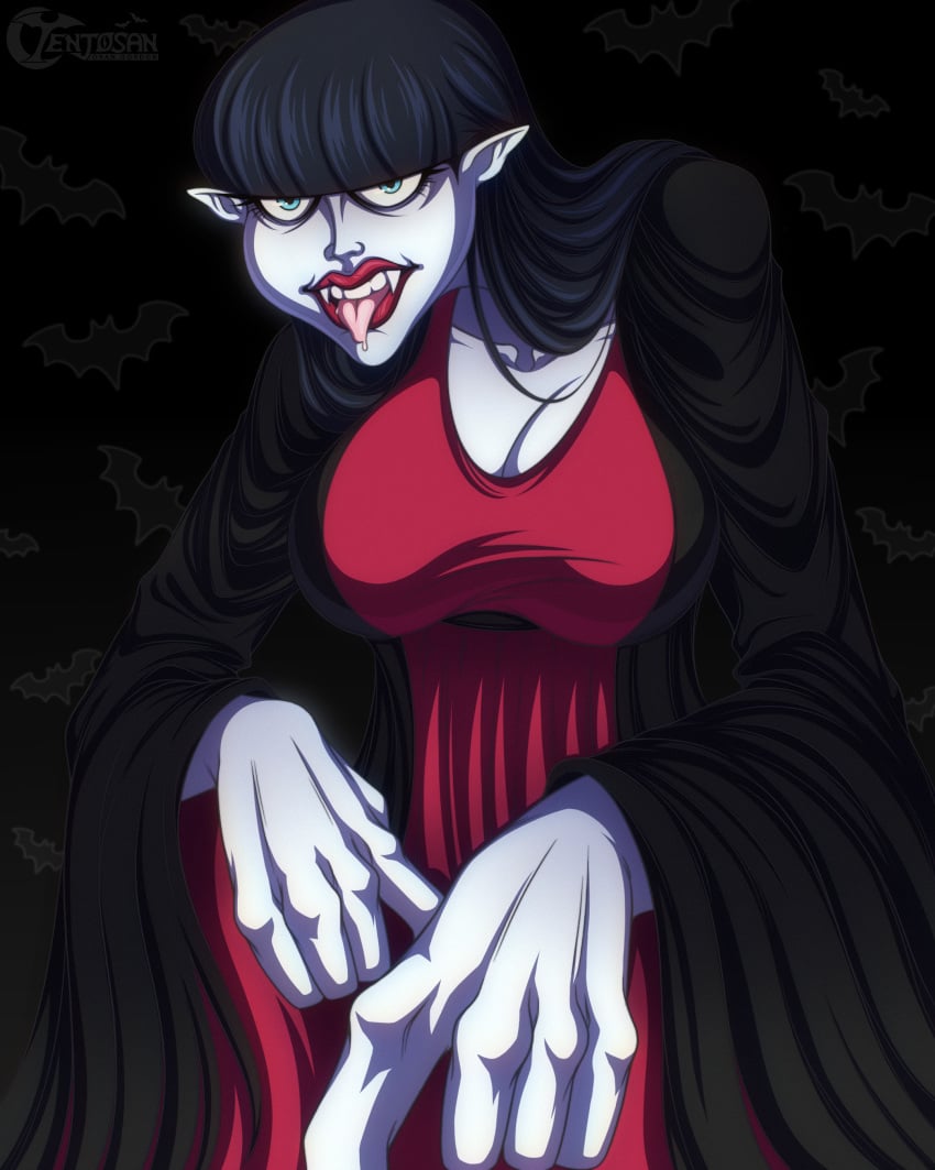 big_breasts black_hair busty countess_ruby eyeshadow fangs female lipstick open_mouth scary_godmother_(series) tenjosan vampire