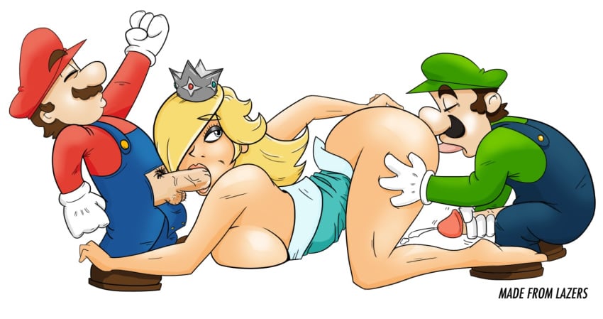 1girls 2boys breasts brown_hair clothes color crown facial_hair fellatio female hair handjob hat headgear human humanoid insertion laz_(madefromlazers) luigi male mario mario_(series) masturbation moustache nintendo oral penis princess_rosalina side_view straight_hair threesome