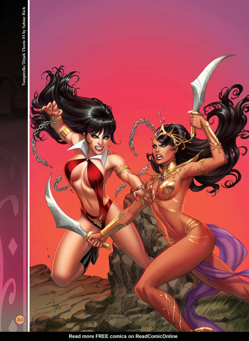 2girls a_princess_of_mars armlet barsoom black_hair blue_eyes boots chains crossover dejah_thoris fighting fit_female gold_pasties green_eyes holding_weapon john_carter_of_mars large_breasts loincloth long_hair martian official_art pasties pink_skin revealing_clothes royalty sabine_rich sword vampire vampirella voluptuous