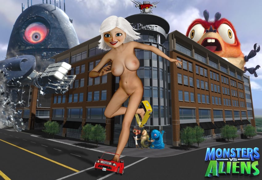 1girls ass b.o.b. bizarro_souperman blue_eyes blush breasts dr._cockroach dreamworks giant giantess ginormica insectosaurus monster monsters_vs_aliens navel nipples nude paramount_pictures pussy robot_probe short_hair smile susan_murphy text the_missing_link what where_is_your_god_now white_hair