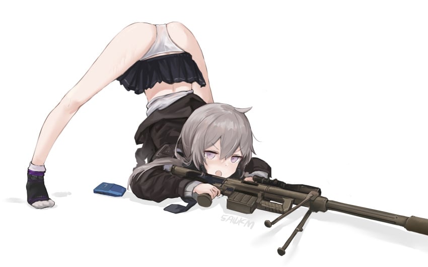 black_skirt female girls'_frontline grey_hair gun highres holding_gun jack-o_pose looking_at_viewer m200_(girls'_frontline) m200_(girls_frontline) open_mouth panties sawkm simple_background skirt skirt_up socks solo underwear white_panties