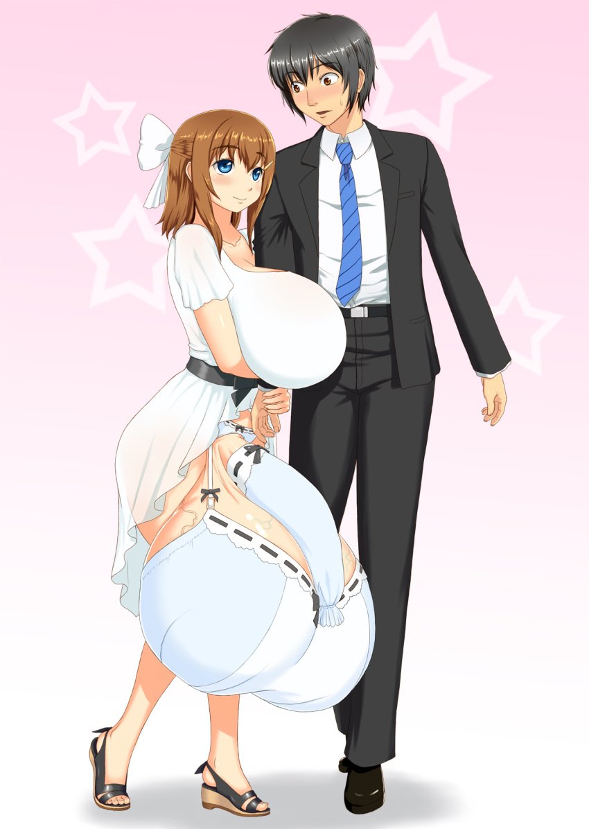 1boy 1futa ball_bra balls balls_past_knees big_balls big_breasts big_penis blue_eyes breasts breasts_bigger_than_head clothed clothing cock_sleeve cock_sleeve_(clothes) dress duo flaccid flaccid_penis fully_clothed futa_is_bigger futanari gigantic_testicles huge_balls huge_breasts huge_cock human hyper hyper_balls hyper_breasts hyper_penis hyper_testicles kinoko light-skinned_futanari light_skin male mostly_clothed pale_skin penis simple_background sock_on_penis standing testicles