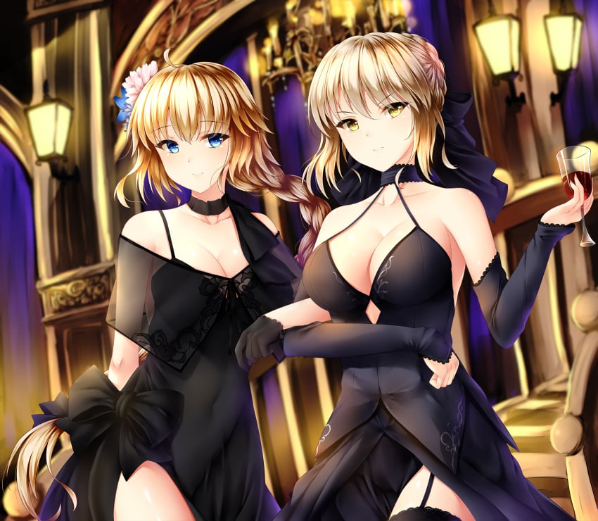 2girls ahoge alcohol arm_behind_back armpit_peek artoria_pendragon bangs bare_shoulders black_bow black_choker black_gloves black_legwear black_ribbon blonde_hair blue_eyes blue_flower blurry blurry_background bow braid breasts chandelier choker cleavage closed_mouth collarbone covered_navel cowboy_shot cup detached_sleeves dress drinking_glass eyebrows_visible_through_hair fate/apocrypha fate/grand_order fate_(series) female floating_hair flower french_braid garter_straps gloves hair_between_eyes hair_flower hair_ornament hair_ribbon halterneck highres holding holding_cup holding_drinking_glass indoors jeanne_d'arc_(fate) lamp large_breasts locked_arms looking_at_viewer multiple_girls pink_flower ribbon see-through short_hair sidelocks single_braid sleeveless sleeveless_dress smile standing thighhighs tsurime v-shaped_eyebrows wine wine_glass wsman yellow_eyes