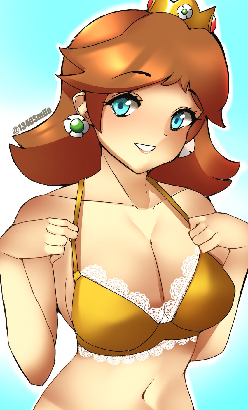 1340smile blue_eyes bra breasts brown_hair crown female mario_(series) nintendo princess_daisy solo tagme