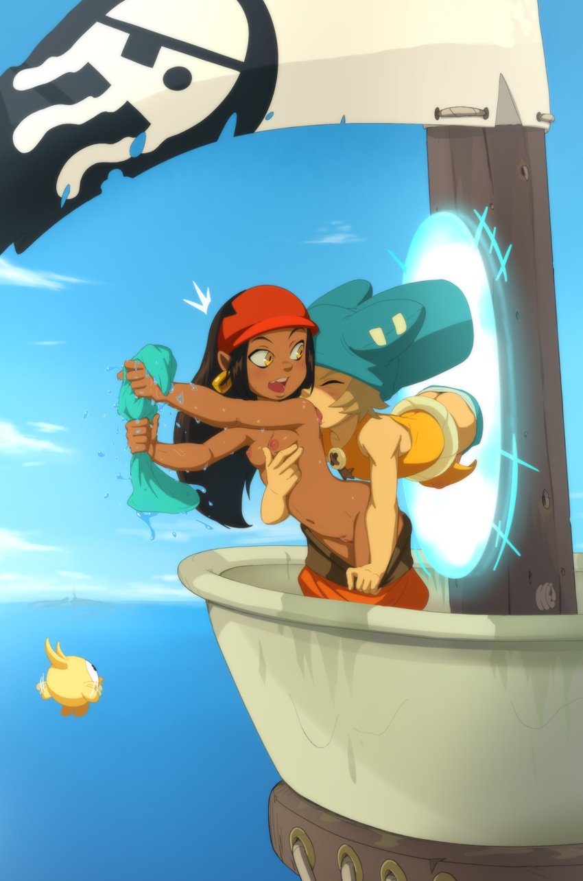 1boy 1girls areolae ass az_(wakfu) bandana breasts brown_hair crows_nest dark-skinned_female dark_skin duo earrings elaine_narrowsmith eliatrope female golden_eyes groping_breasts groping_from_behind hat hazel_eyes headband heightes hoop_earrings innie_pussy licking licking_shoulder long_hair male male/female nipples no_bra no_panties now_you're_thinking_with_portals pants_down portal portal_(object) pubic_hair pulling_down_pants pussy small_breasts straight thighs tongue tongue_out topless wakfu young yugo