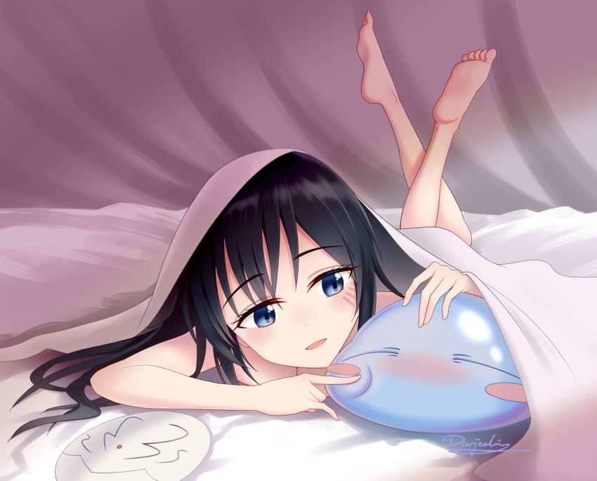 bed_sheet black_hair blue_eyes blush izawa_shizue mask rimuru_tempest slime tensei_shitara_slime_datta_ken under_the_covers wallpaper wholesome