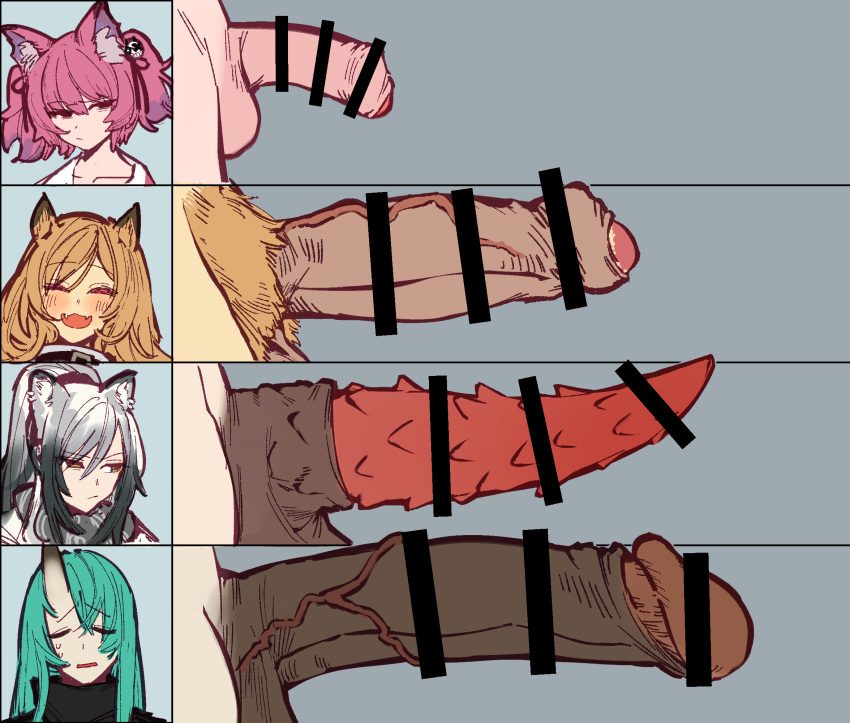 4futas animal_ear_fluff animal_ears animal_penis arknights bar_censor black_scarf blush brown_hair cat_ears censored ceobe_(arknights) closed_eyes comparison dog_ears earclip erection eyebrows_visible_through_hair fangs female_pubic_hair foreskin fox_ears fully_retracted_foreskin futa_only futanari green_hair grey_background grey_hair hair_between_eyes hair_ornament highres horns hoshiguma_(arknights) intact large_penis long_hair looking_at_viewer mirin_chikuwa multiple_girls oni_horns open_mouth partially_retracted_foreskin penis penis_chart penis_size_chart penis_size_difference pink_hair ponytail pubic_hair scarf schwarz_(arknights) shamare_(arknights) simple_background single_horn size_chart size_comparison small_penis smegma spiked_penis sweatdrop testicles twintails uncut veins veiny_penis