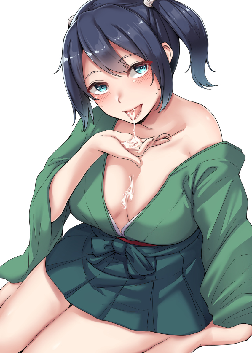 absurdres after_fellatio aqua_eyes blue_hair blush breasts collarbone cum cum_in_mouth cum_on_body cum_on_breasts cum_on_tongue cum_string female green_hakama green_kimono hakama hakama_short_skirt hakama_skirt heart heart-shaped_pupils highres japanese_clothes kantai_collection kimono kiritto large_breasts looking_at_viewer pleated_skirt ribbon sitting skirt solo souryuu_(kantai_collection) symbol-shaped_pupils tongue tongue_out twintails wariza white_ribbon