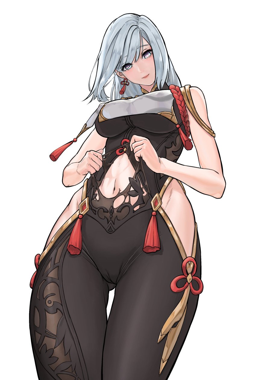 1girls abs absurd_res ass_visible_through_thighs belly_button big_breasts bodysuit breasts bulge genshin_impact hair_over_one_eye hi_res highres hips huge_breasts large_breasts long_hair looking_at_viewer looking_down midriff nipple_bulge pussy_bulge pussy_lips ripped_clothing ripping_bodysuit shenhe_(genshin_impact) smile solo thick_thighs thighs tight_clothing underboob white_background white_hair whtebaishui wide_hips