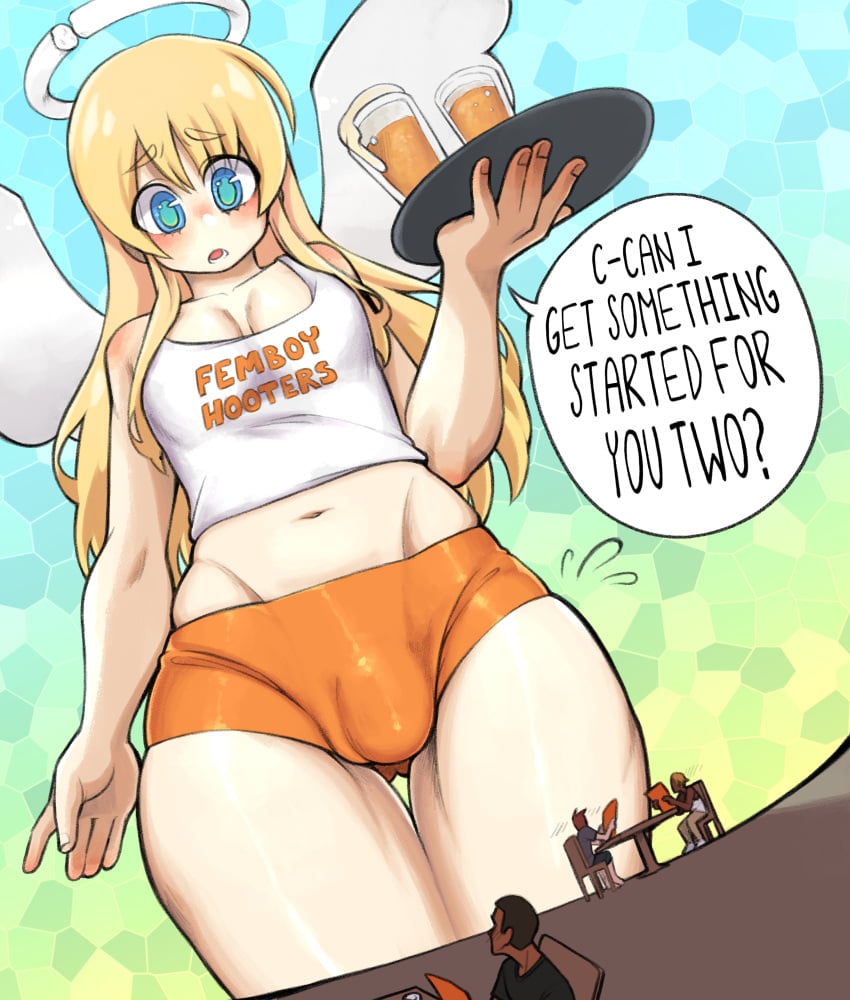 1futa 3boys angel angel_wings ball_bulge balls balls_in_panties balls_under_clothes blonde_hair blue_eyes bulge crimvael femboy_hooters fit flat_chest futanari giant girly hollewdz ishuzoku_reviewers light-skinned_futanari light_skin long_hair macro male monster_futa panties panty_bulge penis penis_bulge penis_in_panties penis_under_clothes sissy solo_focus speech_bubble thick_thighs trap waiter