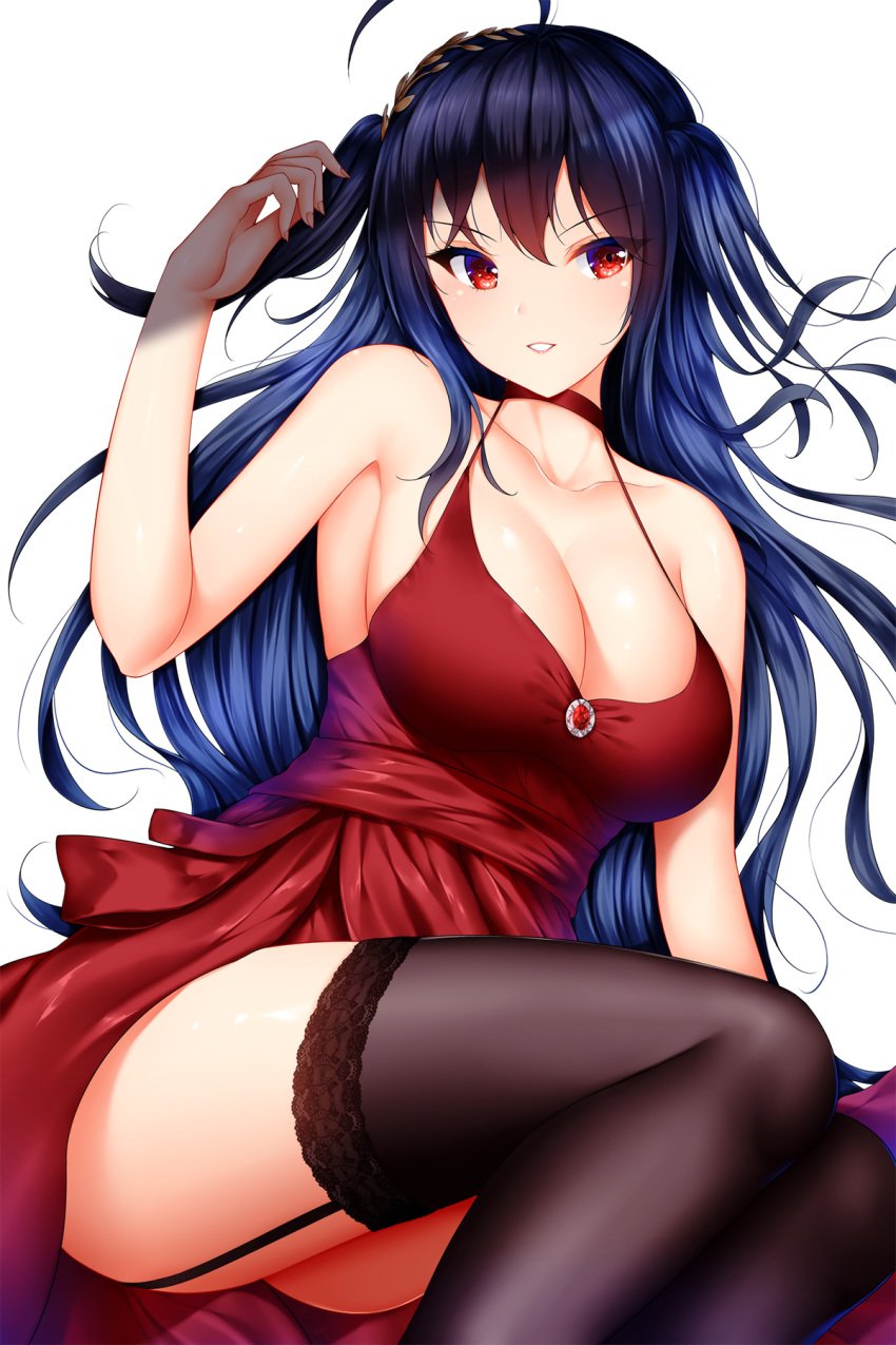 1girls ahoge alternate_costume arm_support armpits ass azur_lane bangs bare_shoulders black_hair black_legwear blush breasts brooch choker cleavage collarbone dress eyebrows_visible_through_hair feet_out_of_frame female floating_hair garter_straps hair_between_eyes hair_ornament hand_up highres hip_focus jewelry lace lace-trimmed_legwear lace_trim large_breasts legs_together long_hair looking_to_the_side parted_lips red_dress red_eyes ruby_(gemstone) sidelocks simple_background sitting smile solo taihou_(azur_lane) taihou_(forbidden_feast)_(azur_lane) thighhighs thighs two_side_up very_long_hair white_background wsman