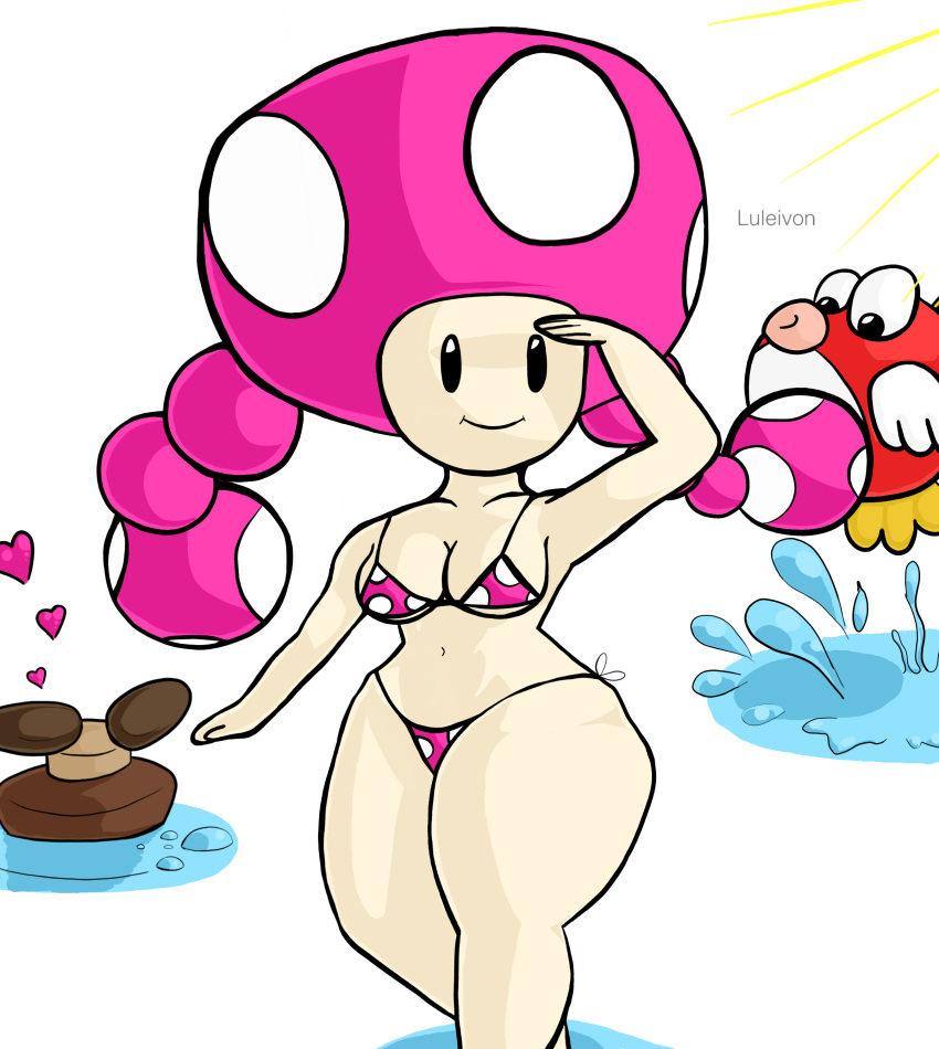 1girls bikini black_eyes breasts cheep_cheep cleavage female goomba heart humanoid light-skinned_female light_skin luleivon male mario_(series) mushroom nintendo no_nose pale-skinned_female pale_skin polka_dot_bikini small_breasts smile solo solo_female string_bikini sunshine thick thick_thighs toadette twintails water white_background wide_hips