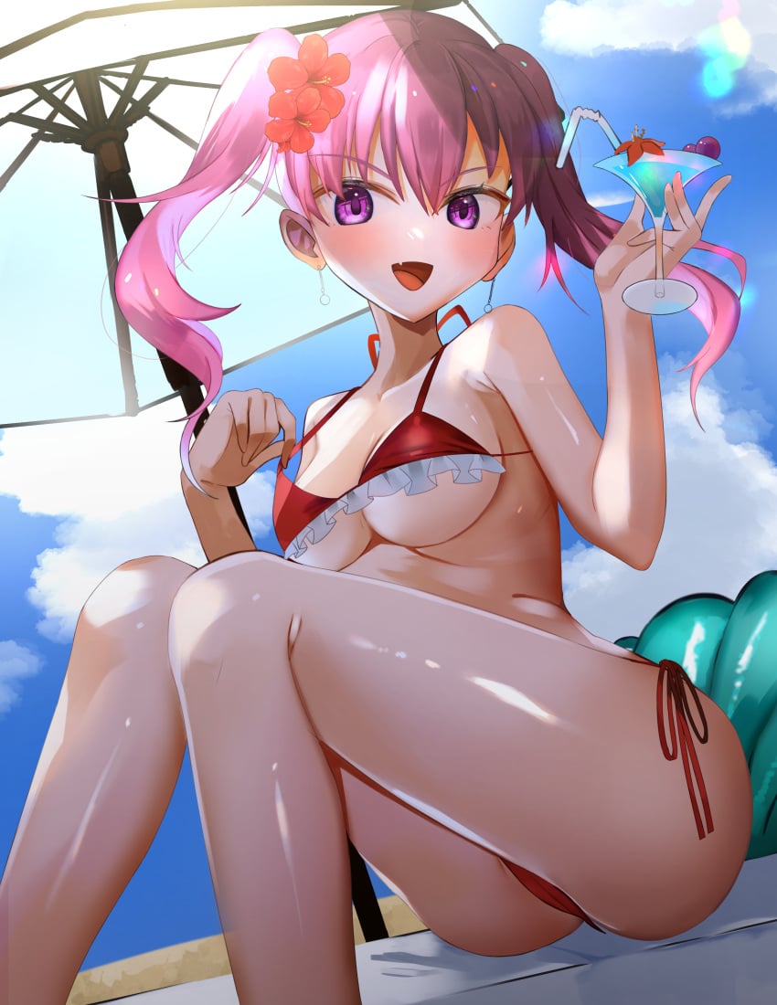 1girls absurdres alternate_costume bare_shoulders beach bikini blue_hair breasts chil0107 collarbone earrings eyebrows_visible_through_hair female fire_emblem fire_emblem:_the_blazing_blade flower hair_flower hair_ornament highres jewelry legs looking_at_viewer nintendo open_mouth outdoors parasol pink_eyes pink_hair red_bikini red_swimsuit serra_(fire_emblem) sitting solo swimsuit thighs twintails umbrella underboob