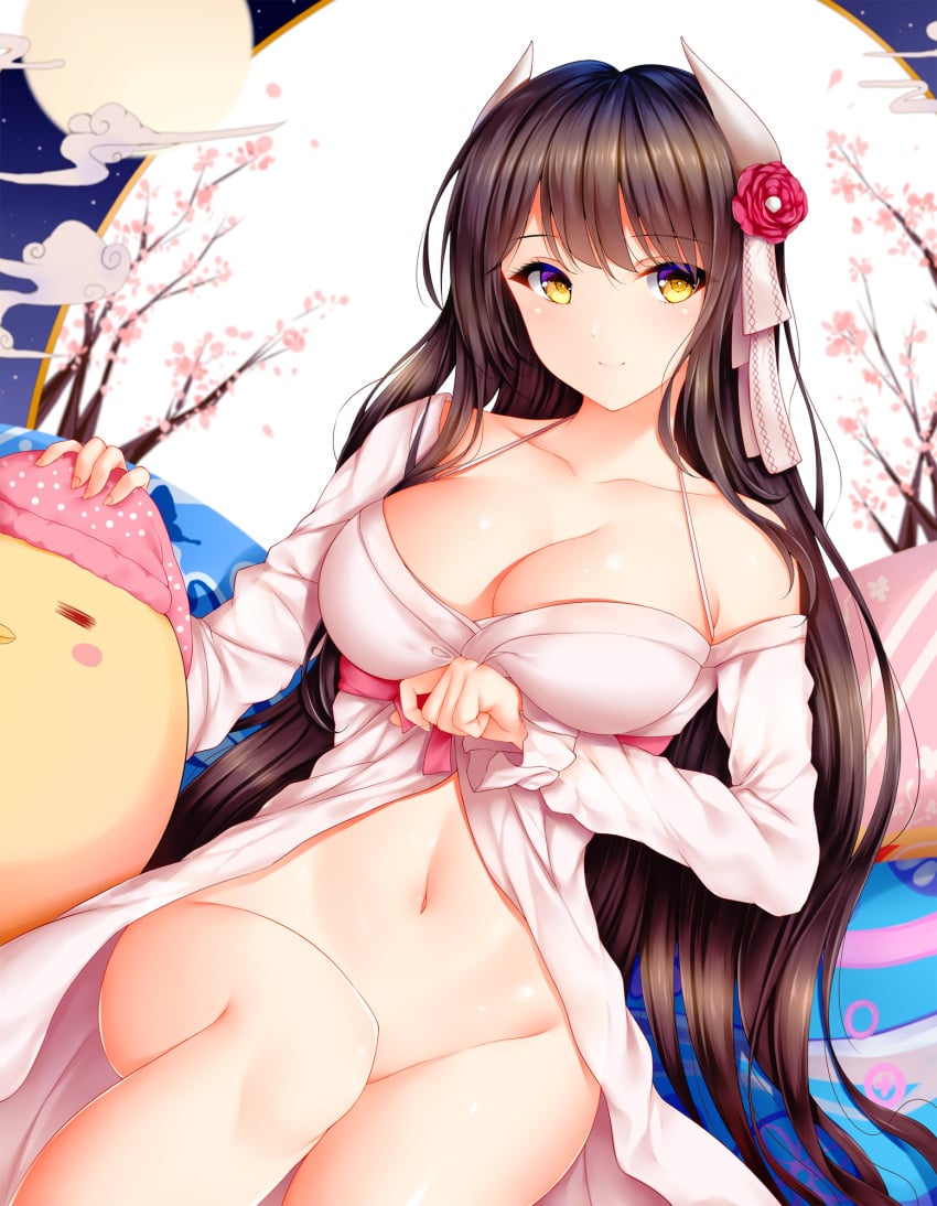 1animal 1girls azur_lane black_hair blush breasts cherry_blossoms cleavage closed_mouth collarbone dress eyebrows_visible_through_hair female female_only flower hair_flower hair_ornament hair_ribbon hiei_(azur_lane) hiei_(pilgrimage_of_moonlight)_(azur_lane) highres horns large_breasts light-skinned_female light_skin long_hair long_sleeves looking_at_viewer looking_to_the_side manjuu_(azur_lane) navel no_panties ribbon sakura_empire_(azur_lane) sitting smile solo white_dress white_ribbon wsman yellow_eyes