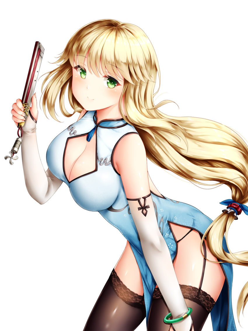 1girls aurora_(azur_lane) azur_lane bangle bangs bare_shoulders black_legwear black_panties blonde_hair blue_dress blush bracelet breasts bridal_gauntlets china_dress chinese_clothes cleavage cleavage_cutout closed_fan closed_mouth clothing_cutout dress eyebrows_visible_through_hair female female_only folding_fan garter_straps gloves green_eyes hair_flaps hair_ornament hand_fan highres holding holding_fan jewelry lace lace-trimmed_legwear lace_trim large_breasts leaning_forward long_hair looking_at_viewer panties shiny side_slit simple_background smile solo thighhighs thighs underwear very_long_hair white_background white_gloves wsman