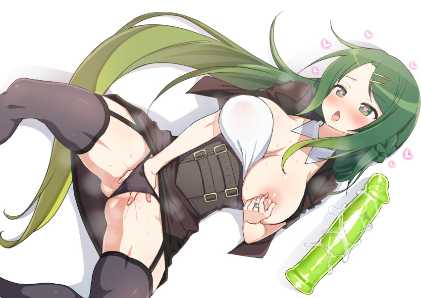 black_legwear black_panties blush braid breasts collar detached_collar dildo drooling female fingering green_eyes green_hair hair_ornament hairclip heart heart-shaped_pupils highres jewelry kounosu_satori large_breasts long_hair looking_at_viewer lying masturbation mion_(sharang_e_youkoso) nipple_tweak nipples on_back open_clothes open_mouth panties pussy_juice ring saliva sex_toy shadow sharang_e_youkoso simple_background solo spread_legs sweat symbol-shaped_pupils thighhighs underwear vaginal_penetration very_long_hair white_background white_collar