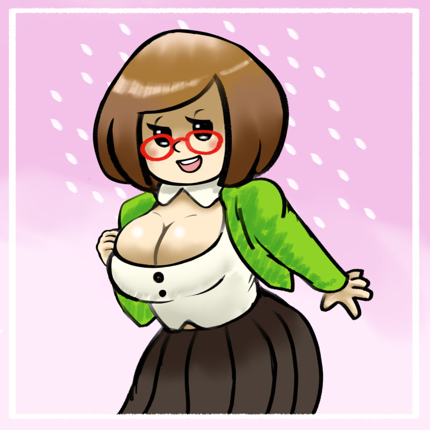 1girls button buttons cleavage clothing eyewear female female_only glasses large_breasts looking_at_viewer mob_face nikki_(swapnote) nintendo short shortstack solo video_game video_games