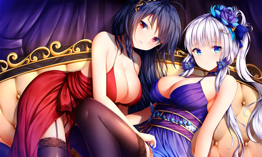 2girls ahoge alternate_costume alternate_hairstyle azur_lane bangs bare_shoulders black_hair black_legwear blue_dress blue_eyes blush breasts choker cleavage closed_mouth cocktail_dress collarbone curtains dress elbow_gloves eyebrows_visible_through_hair female garter_straps gloves hair_between_eyes hair_ornament hair_ribbon halter_dress halterneck highres huge_breasts illustrious_(azur_lane) indoors large_breasts long_hair looking_at_viewer lounge mole mole_under_eye multiple_girls ponytail red_dress red_eyes ribbon sidelocks smile taihou_(azur_lane) taihou_(forbidden_feast)_(azur_lane) thighhighs twintails very_long_hair white_hair wsman