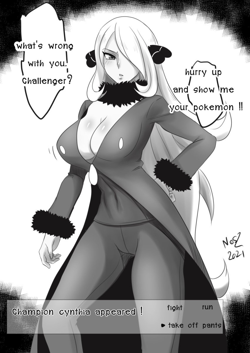 alternate_breast_size angry_face big_breasts breasts cynthia_(pokemon) hair_over_one_eye huge_breasts nakadashi nesz nintendo pokemon pokemon_dppt speech_bubble