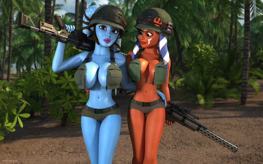 2girls 3d aayla_secura ahsoka_tano booty_shorts breasts female female_only huge_breasts jungle kondaspeter outside rebel_alliance_symbol scarif skimpy_clothes standing star_wars tactical_nudity tagme the_clone_wars:_season_four togruta twi'lek weapon