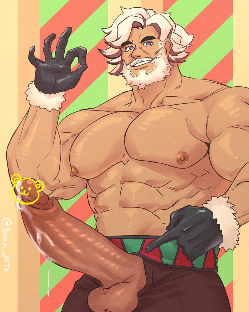 big_pecs cookie_run cookie_run_ovenbreak cumming dilf dripping_cum eggnog_cookie erect_penis erection facial_hair gay gdilf gloves huge_cock muscular muscular_male nipples pecs toran_jis_ta toranjista white_hair