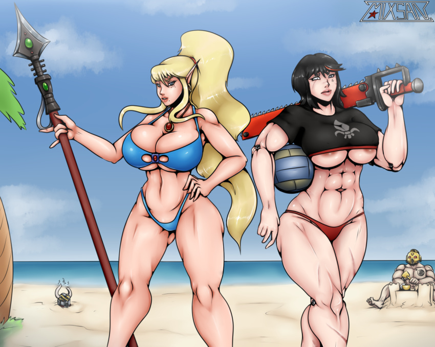 2girls abs adepta_sororitas adeptus_astartes aeldari armpits beach black_carapace chainsword chaos_(warhammer) chaos_space_marine cosplay crossover eldar female imperial_fists_(space_marine) imperium_of_man iron_warriors kill_la_kill matoi_ryuuko metroid muscular_female nipple_slip romman08 samus_aran sister_of_battle space_marine underboob warhammer_(franchise) warhammer_40k