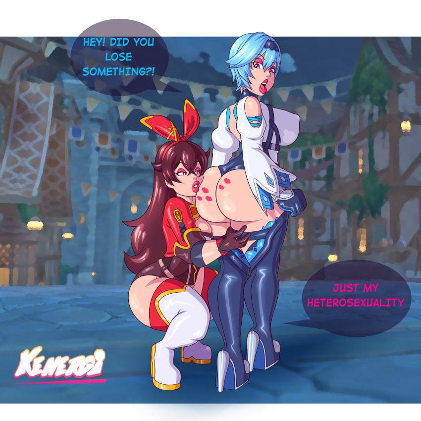 2girls amber_(genshin_impact) ass ass_focus ass_grab ass_worship big_ass big_breasts blue_hair brown_hair eula_(genshin_impact) genshin_impact high_heel_boots high_heels kenergi kiss_mark kissing light-skinned_female light_skin lipstick_mark multiple_girls shiny_skin yuri