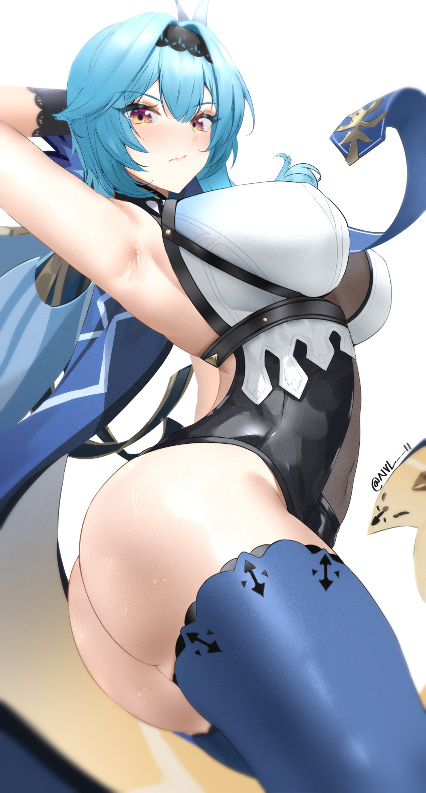 1girls absurd_res arched_back armpits arms_behind_head arms_up ass bangs big_ass big_breasts big_butt blue_hair blush bodysuit breasts butt eula_(genshin_impact) genshin_impact hairband hi_res highres huge_ass huge_breasts huge_butt large_ass large_breasts looking_at_viewer looking_down nvl purple_eyes see-through see-through_clothing shiny_skin short_hair side_view sideboob simple_background solo sweat sweatdrop thick_ass thick_thighs thighs white_background yellow_eyes