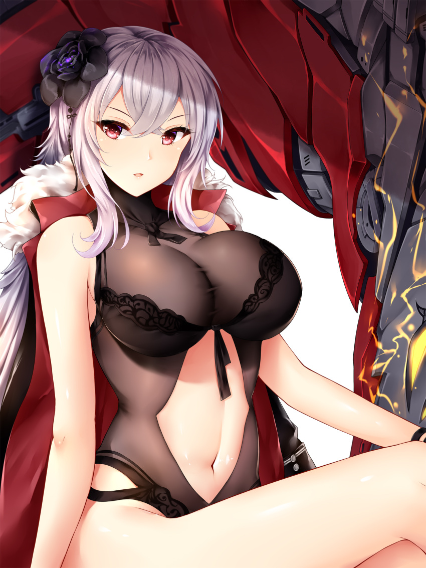 1girls azur_lane bangs black_swimsuit bracelet breasts cleavage clothing_cutout eyebrows_visible_through_hair female flower fur_trim graf_zeppelin_(azur_lane) graf_zeppelin_(beachside_urd)_(azur_lane) hair_between_eyes hair_flower hair_ornament highres iron_blood_(azur_lane) jacket jacket_on_shoulders jewelry lace large_breasts light-skinned_female light_skin long_hair looking_at_viewer lying midriff navel navel_cutout on_back one-piece_swimsuit red_eyes revealing_clothes see-through silver_hair sitting sleeveless solo stomach swimsuit wsman