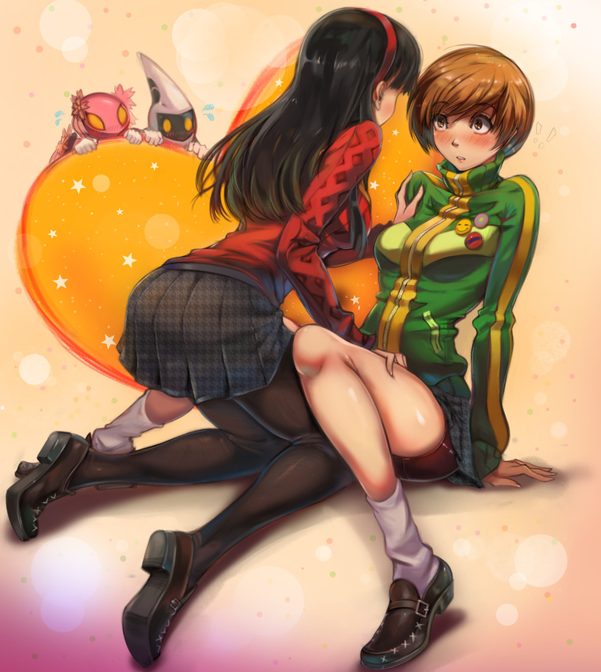 2girls absurd_res alternate_version_available amagi_yukiko atlus big_ass big_breasts black_hair black_hair_female blush blushing brown_hair brown_hair_female clothed clothed_female clothing confession female female/female female_focus female_on_top female_only hairband hand_on_thigh heart hoodie jacket kneeling konohana_sakuya_(persona_4) long_hair long_hair_female megami_tensei no_sex panties pantyhose persona persona_(species) persona_4 red_hairband romantic satonaka_chie sega shirt shoes short_hair short_hair_female sitting skirt socks thighhighs toasty_scones tomoe_(persona_4) voyeur voyeurism wholesome yuri