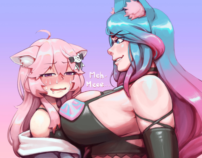 2girls blue_eyes breast_on_breasts breast_size_difference catgirl large_breasts leftlewdz lenny_izquierdo nyatasha_nyanners overflowing_breasts pink_hair silvervale sweating text virtual_youtuber vshojo wolf_girl