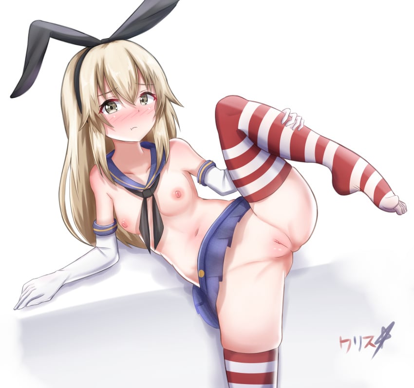 1girls armwear artist_signature blonde_hair blush boppin female hairband highres kantai_collection leg_glider_position long_hair one_leg_up pout shimakaze_(kantai_collection) skirt small_breasts striped_legwear tagme uncensored yellow_eyes