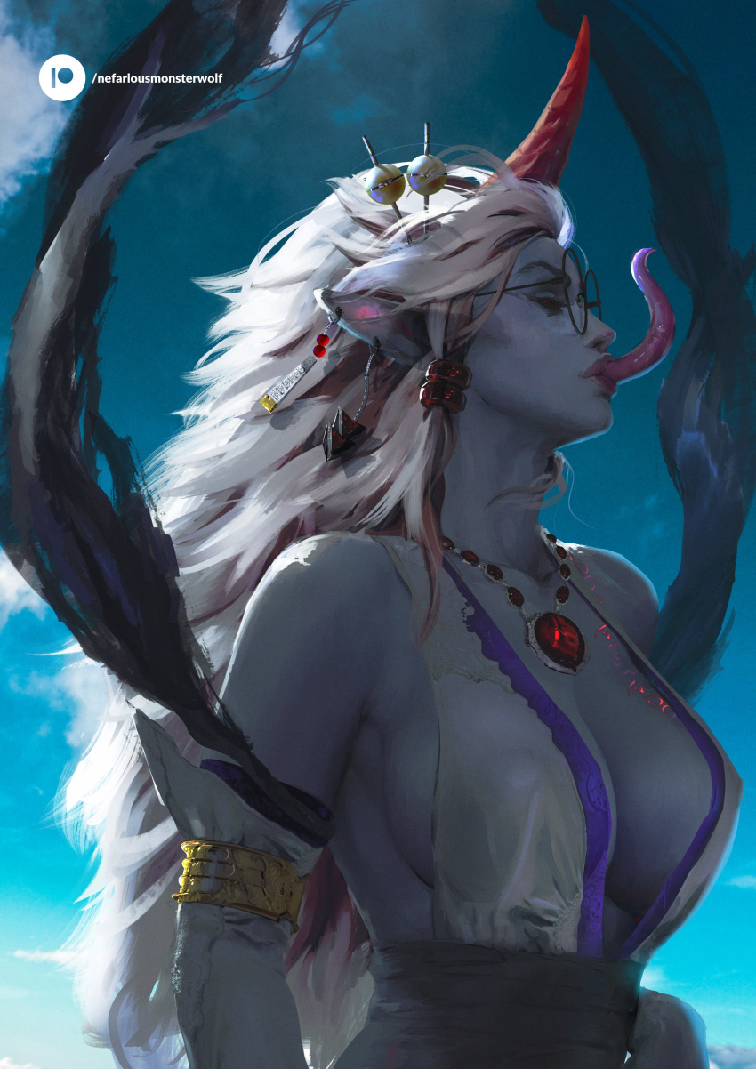 1girls blue_skin demon demon_girl dress earrings eyes_mostly_closed female female_focus female_humanoid female_only glasses hair_ornament horn humanoid inner_sideboob large_breasts long_hair long_tongue necklace osumihime_(ramia-yana) pointy_ears ramia-yana round_glasses sideboob sky sky_background solo solo_female the_monsterwolf tongue_out upper_body very_high_resolution white_hair