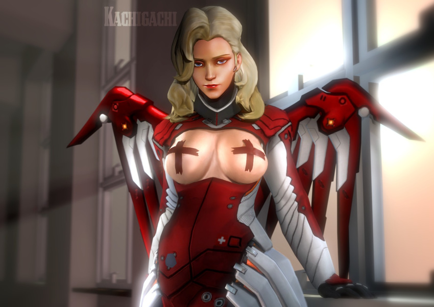 1girls 3d big_breasts breasts eidgenossin_mercy exposed_breasts female female_only kachigachi looking_at_viewer mercy overwatch pasties solo