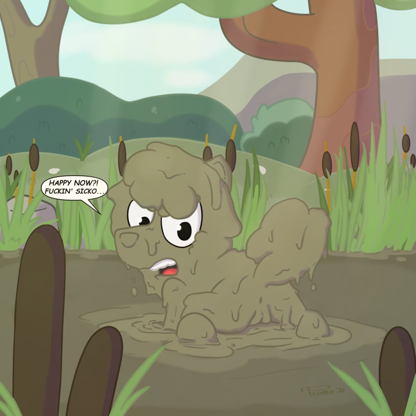 angry annoyed bluey_(series) bluey_(show) canine chubby covered_in_mud cub english_text exposed_ass exposed_pussy furry judo_(bluey) looking_at_viewer mud outside plinko puppy raised_tail solo spread_legs swearing what young